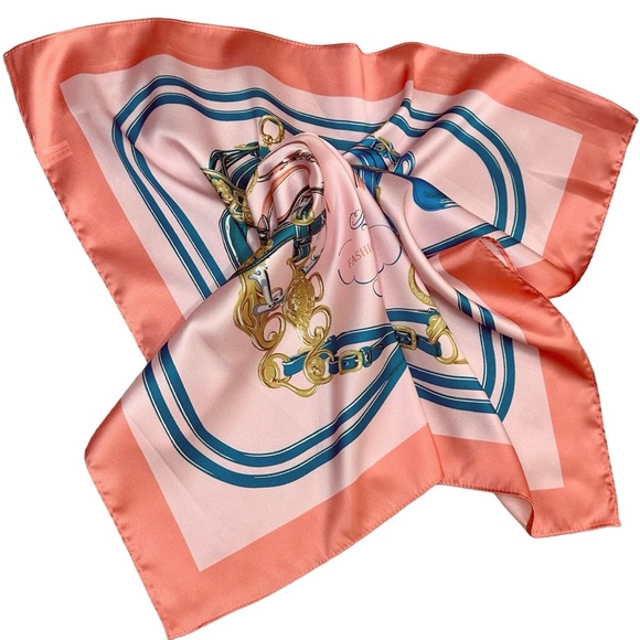 NEW Pink Coral Equestrian Saddle Design Satin Square Luxury Style Scarf - Picture 7 of 15